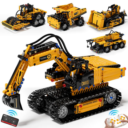 DOLIVE 5 in 1 STEM Building Block Set, App & Remote Control Construction Vehicle Kit, DIY Excavator Crane Truck Bulldozer Roller, Educational Birthday Gift for Kids 8-14 Years Old