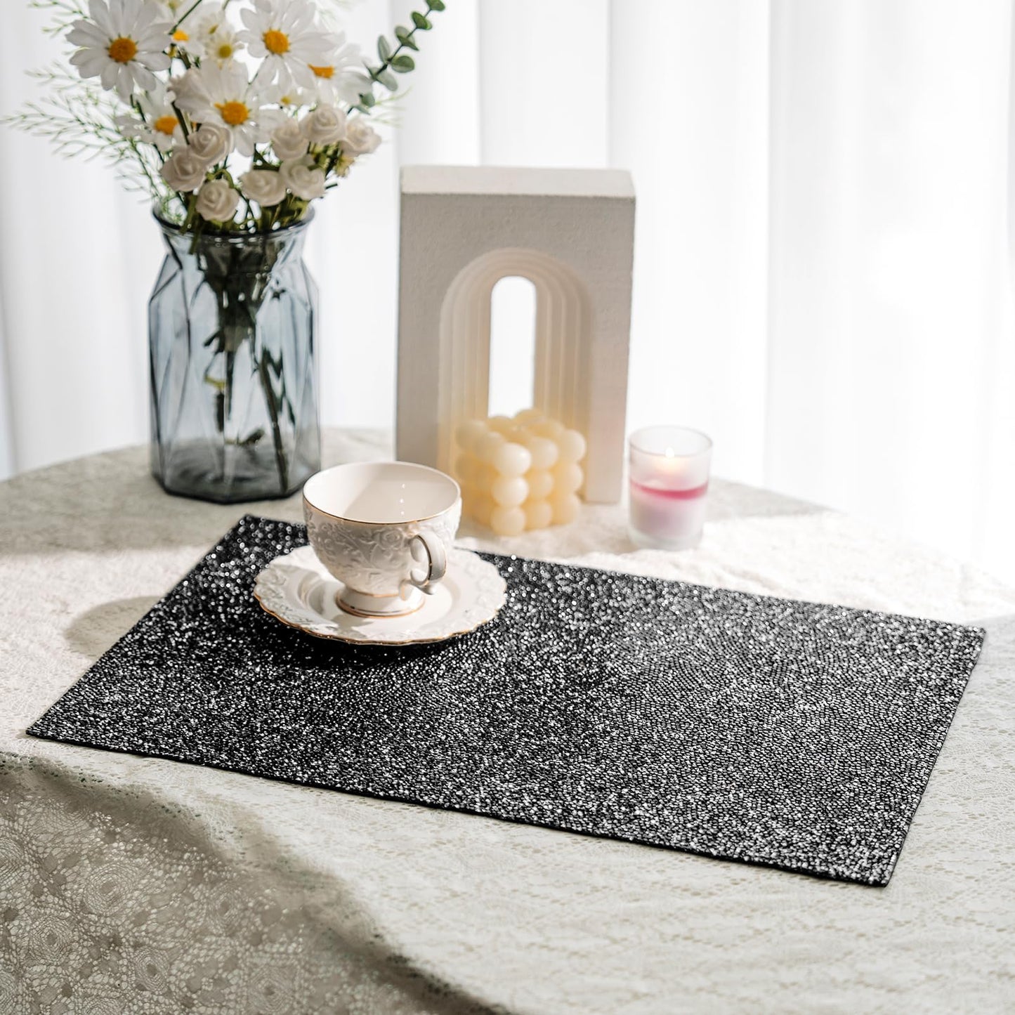 Cumouna Black Placemat, Sparkle Glitter Rhinestones Table Mat Crushed Diamond Rectangle Table Placemat 12 x 18 inch for Home Kitchen Dinning Christmas Thanksgiving Fall New Year Decorations
