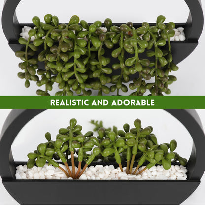 Floweroyal 2pcs Artificial Succulents Hanging Plants 12.2'' Fake String of Pearls in Pot with 8.3'' Lanyard for Indoor Outdoor Wall Decor (Black).