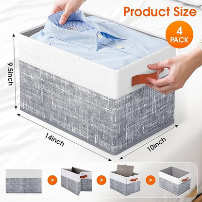 Fab totes Collapsible Storage Baskets for Shelves,14"x10", 4 Pack Foldable Fabric Storage Bins with Double Leather Handles, Large Baskets for Organizing Books, Clothes, White & Grey