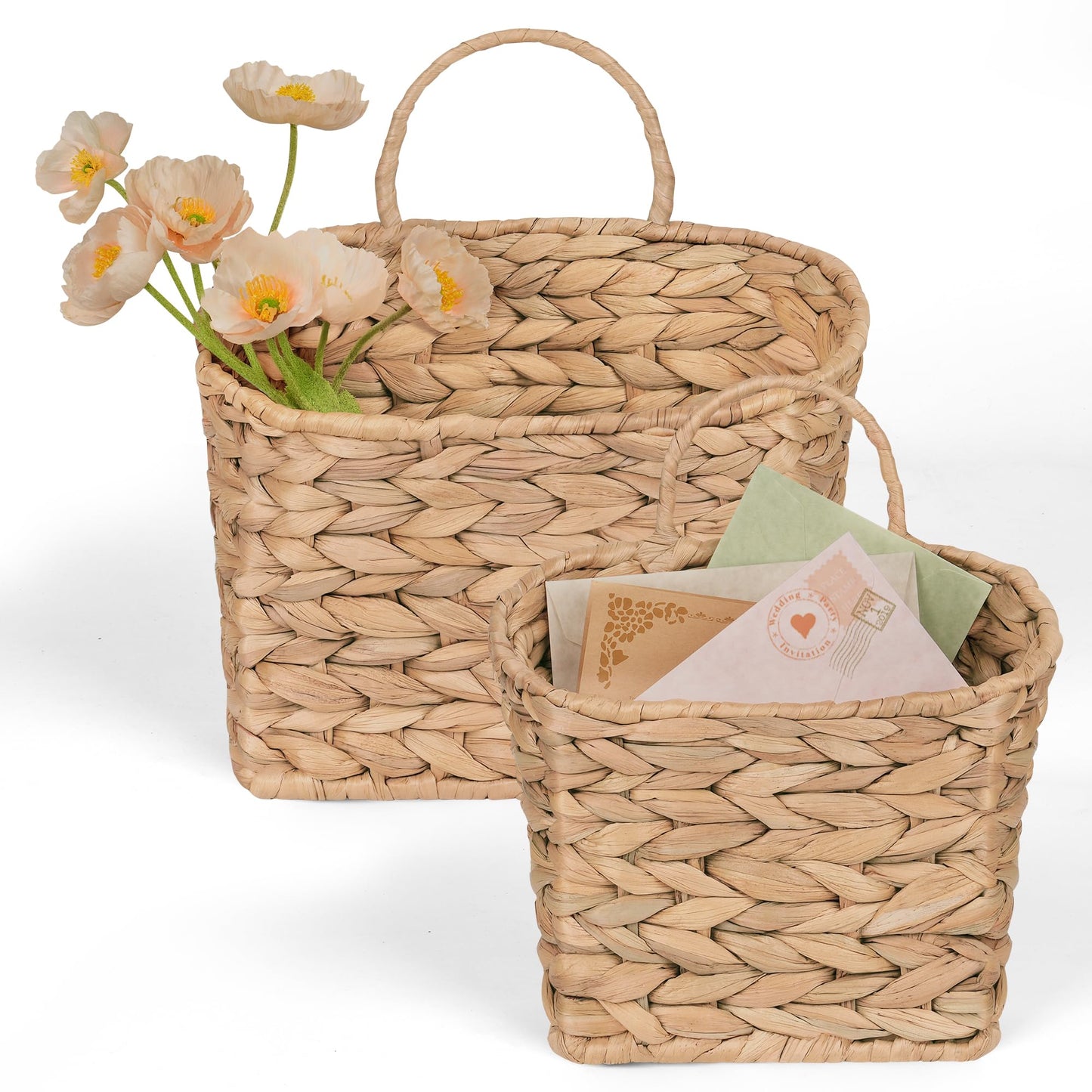 iEGrow Set of 2 Hanging Basket, Wicker Wall Basket Natural Water Hyacinth, Hanging Baskets for Organizing and Decor, Storage Baskets for Door Mounted