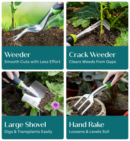 Heavy Duty Gardening Tools - Gardening Gifts for Women, Men, Mom, Dad - Durable, Ergonomic Garden Tools Set (Green)
