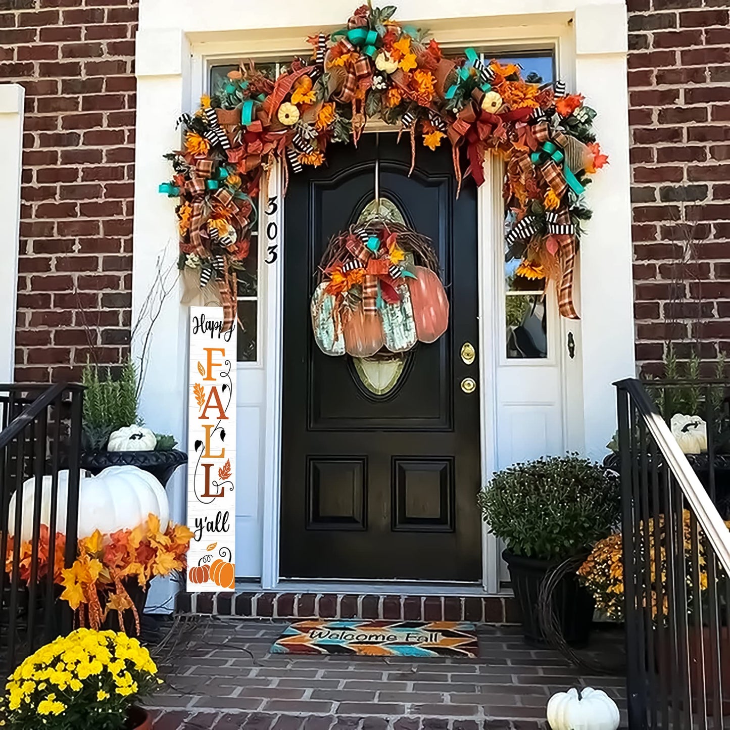 Happy Fall Y'all Wooden Porch Sign 47" Thanksgiving Large Welcome Porch Sign for Pumpkin Sign Autumn Home Front Door Yard Party Decor