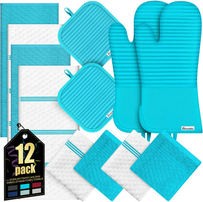 Oven Mitts Kitchen Towels and Dishcloths with Pot Holders Sets, Oven Gloves Hot Pads 500°F Heat Resistant with Silicone Grip, Include 2 Cooking Gloves/2 Potholders/4 Kitchen Towels/4 Dish Towels