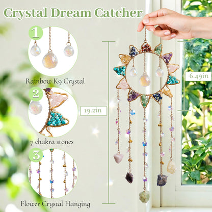 Tree of Life Crystal Sun Catcher Hanging Decor, Handmade Gift for Wall and Window with 3 K9 Crystal Prism Balls & Natural Crystal Stone, Rainbow Maker Decor Ornament for Home, Bedroom, Balcony