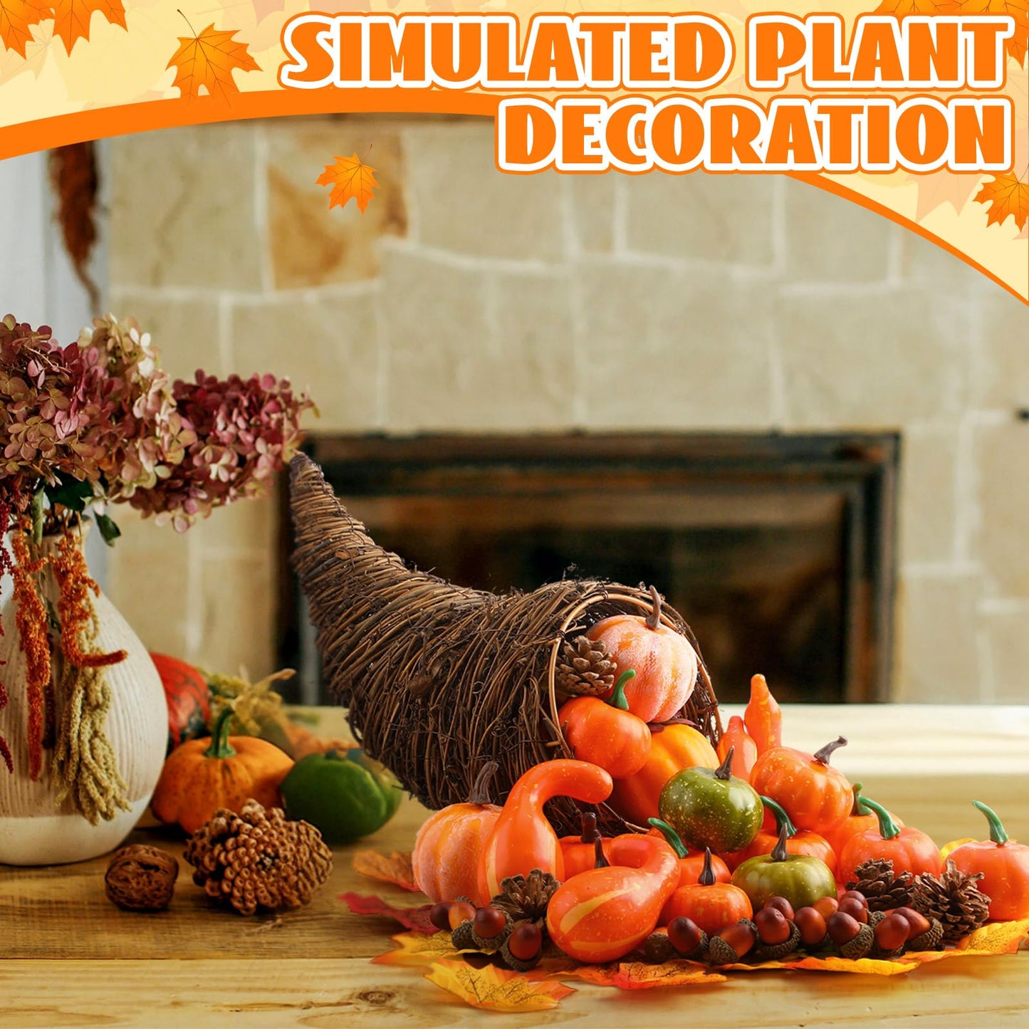 Thanksgiving Cornucopia Basket Set Fall Table Centerpieces 13.78'' Thanksgiving Large Cornucopia Horn of Plenty Harvest Decorations with 100 Pcs Artificial Leave Acorn Pumpkin for Table Home(Rustic)