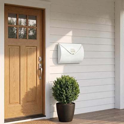 White Wall Mount Mailbox for Outside,Waterproof Metal Mailboxes with Rust-Proof Galvanized Steel,Large Capacity Envelope Mailbox for House,12.99 x 10.35 x 3.5 Inch
