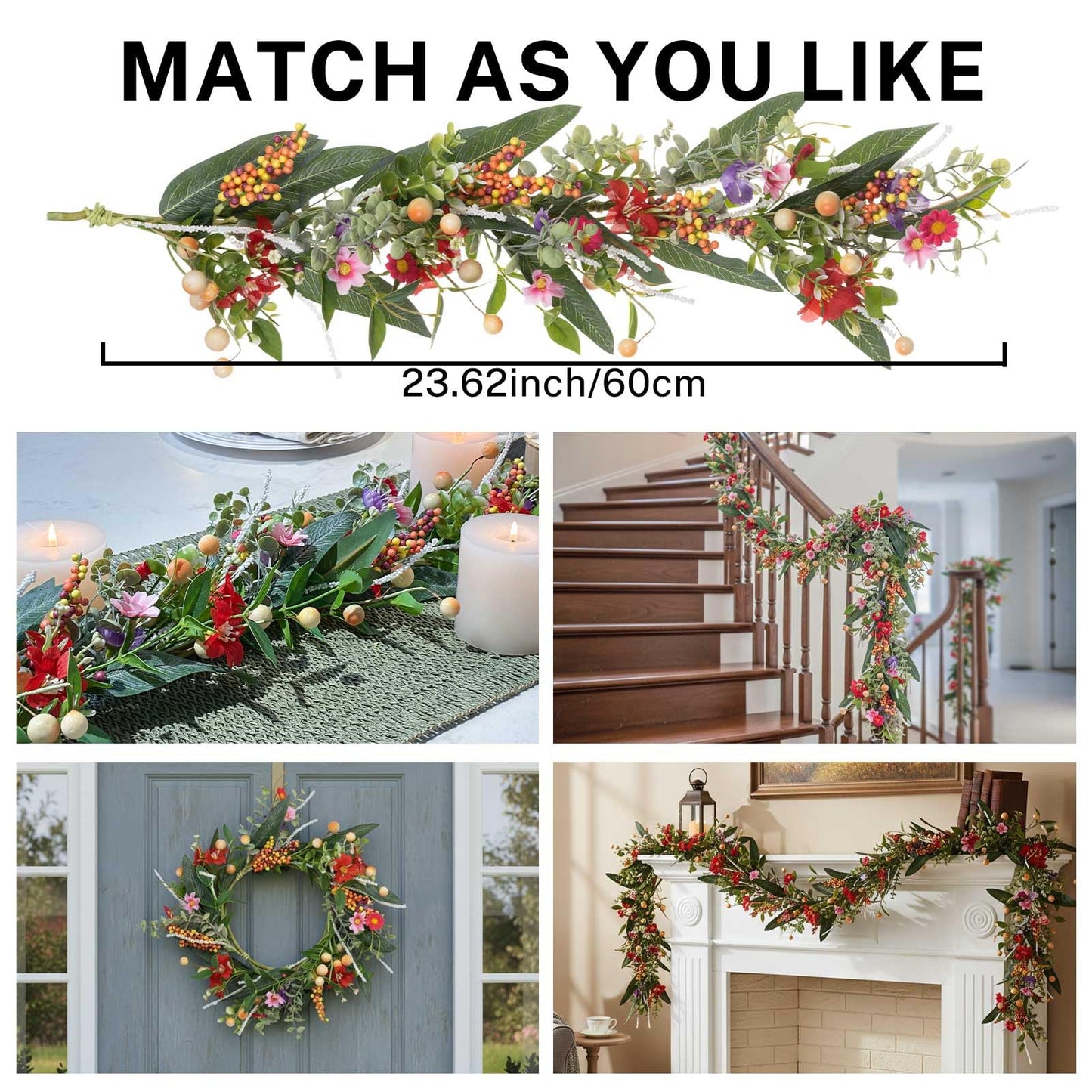 MOYEE Summer Candle Holder Centerpieces for Tables,Candle Ring, Black Metal Candlestick with an Artificial Wreath 14 in Versatile Dining Table Centrepiece (Red Flower Green Leaf Wreath)