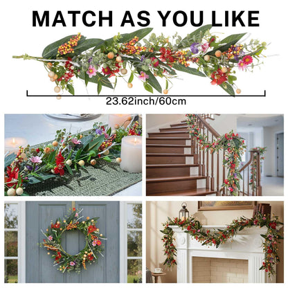 MOYEE Summer Candle Holder Centerpieces for Tables,Candle Ring, Black Metal Candlestick with an Artificial Wreath 14 in Versatile Dining Table Centrepiece (Red Flower Green Leaf Wreath)