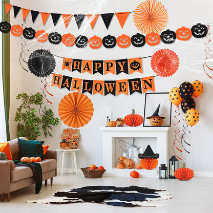 AhfuLife Halloween Party Decorations - Supplies Set with Reusable Decorations, Indoor Happy Halloween Sign Banner, Pennant Banner, Paper Tissue Fan