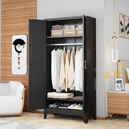 GAIOUS Metal Wardrobe Cabinet with Hanging Rod, Clothing Storage Cabinets | with 2 Doors and Adjustable Shelves, 71" Metal Black Armoire Wardrobe Closet for Bedroom, Laundry Room, Cloak Room