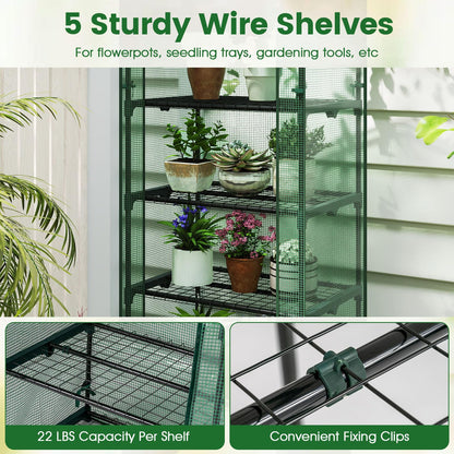 Giantex Mini Greenhouse Indoor Outdoor, 27" x 19" x 75" Portable Plant Grow House with 5 Tier Shelves, PE Cover, Roll-Up Zipper Door, Rustproof Elector-Coating Metal Frame for Patio Balcony Garden