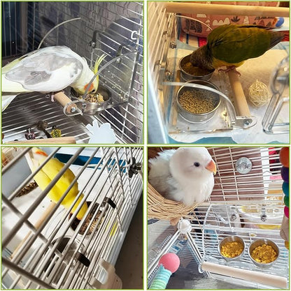 BNOSDM Bird Feeder for Cage with Double Stainless Steel Food & Water Bowls Anti-Slip Wood Perch Stand with No Mess Acrylic Seed Catcher for Parrot, Budgie, Parakeet, Lovebird, Canary, Finch,Conure