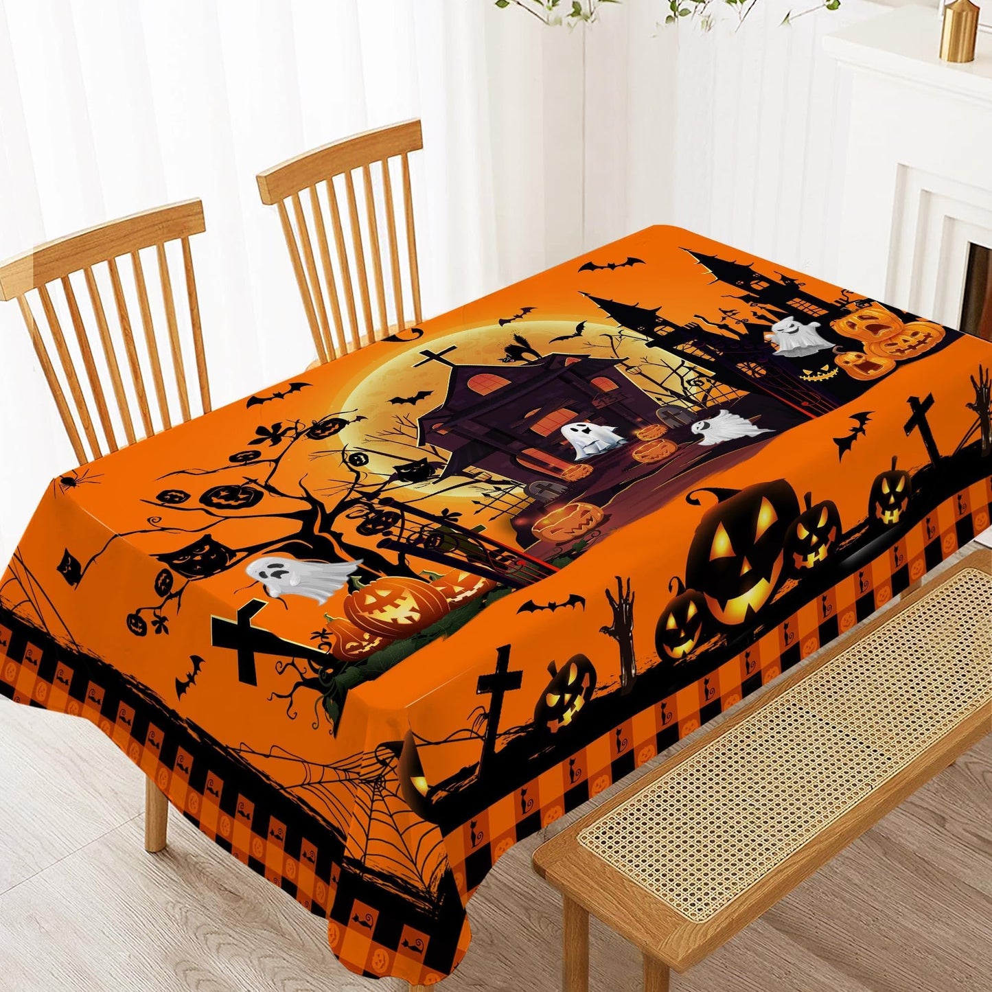 Hexagram Halloween Tablecloth Rectangle 60 x 84 inches, Ghost Pumpkin Plaid Table Cloth, Halloween Decor, Black Castle Tablecloth, Washable Orange Table Cloth for Party Picnic Dinner Decor