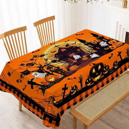 Hexagram Halloween Tablecloth Rectangle 60 x 84 inches, Ghost Pumpkin Plaid Table Cloth, Halloween Decor, Black Castle Tablecloth, Washable Orange Table Cloth for Party Picnic Dinner Decor