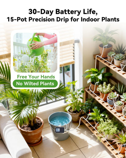 BAOSHISHAN 15 Potted Indoor Plant Watering System with 2-in-1 Spray & Drip Emitter, Battery Powered Automatic Plant Waterer Indoor Programmable Timer for Vacation Travel