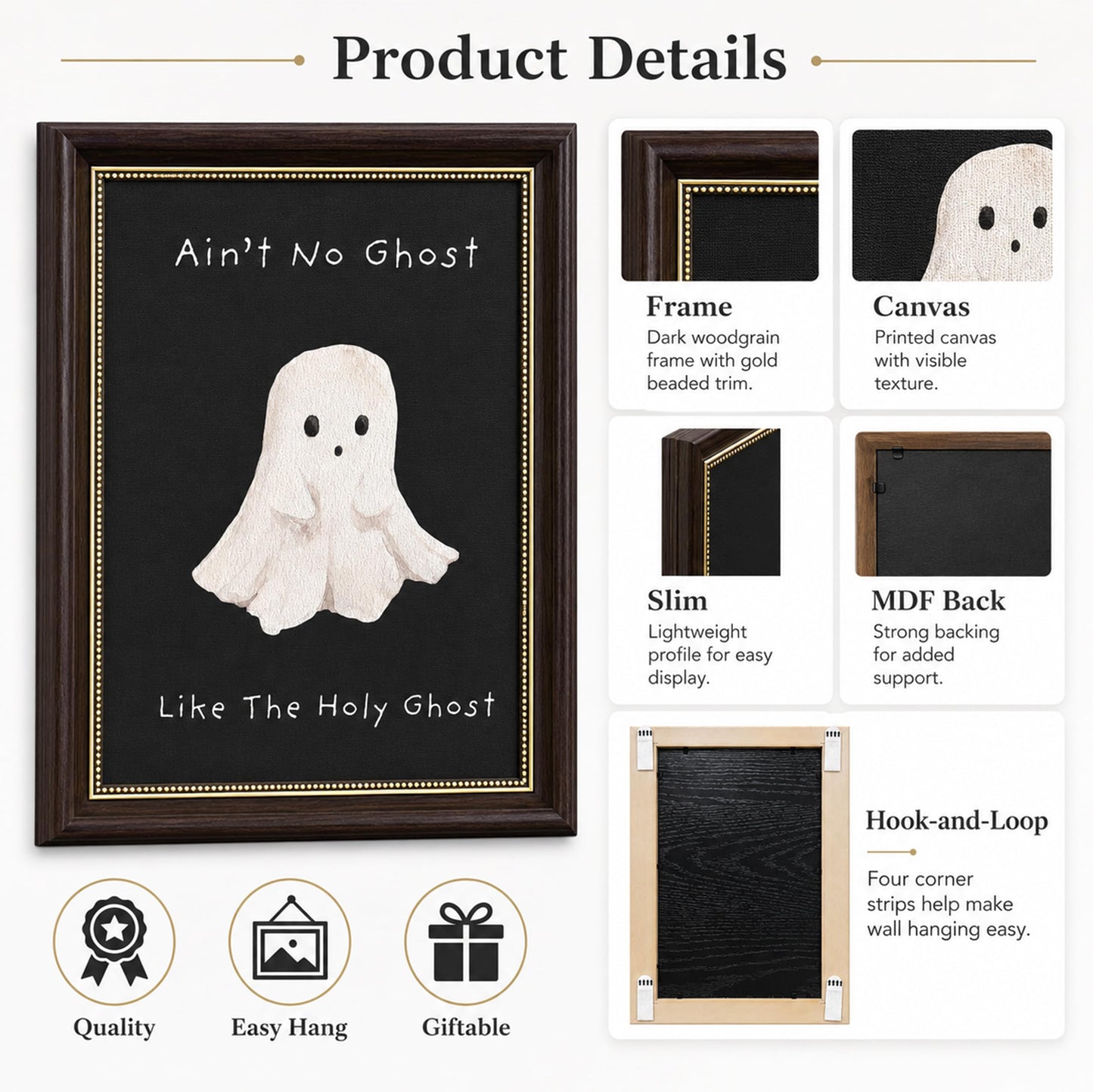 Vbaourut Framed Cute Halloween Wall Art, Funny Holy Ghost Canvas Painting, Cute Ghost Poster with Dark Brown Frame and Upgraded Hook and Loop for Living Room, 9x11 in
