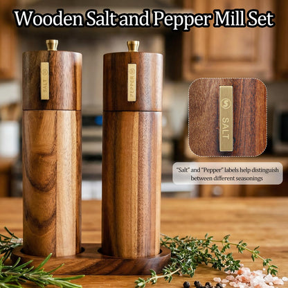 2 Pack Wooden Salt and Pepper Grinder Set,8.46 inch Adjustable Coarseness Manual Salt and Pepper Mill with Brush and Spoon,Acacia Wood Refillable Grinders for Kitchen Christmas Home Gift