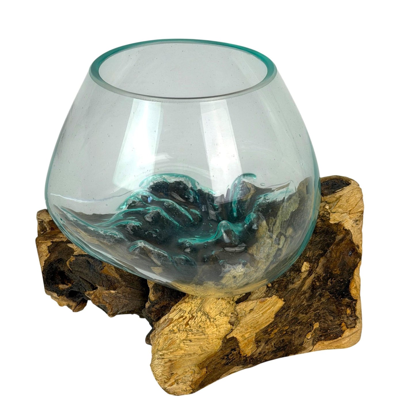 Zeckos Planter Terrarium with Molten Glass Bowl on Driftwood Base, Coastal Wood and Glass Tabletop Planter, 7.5 X 7 X 6 Inch Freestanding Indoor Accent for Succulents or Air Plants