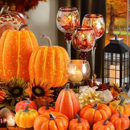 Ywlake 16 Pcs Pumpkin Fall Decorations, Decorative Large Small Outdoor Orange Foam Plastic Fake Faux Artificial Pumpkins for Halloween Autumn Harvest Festival Home Table Decor