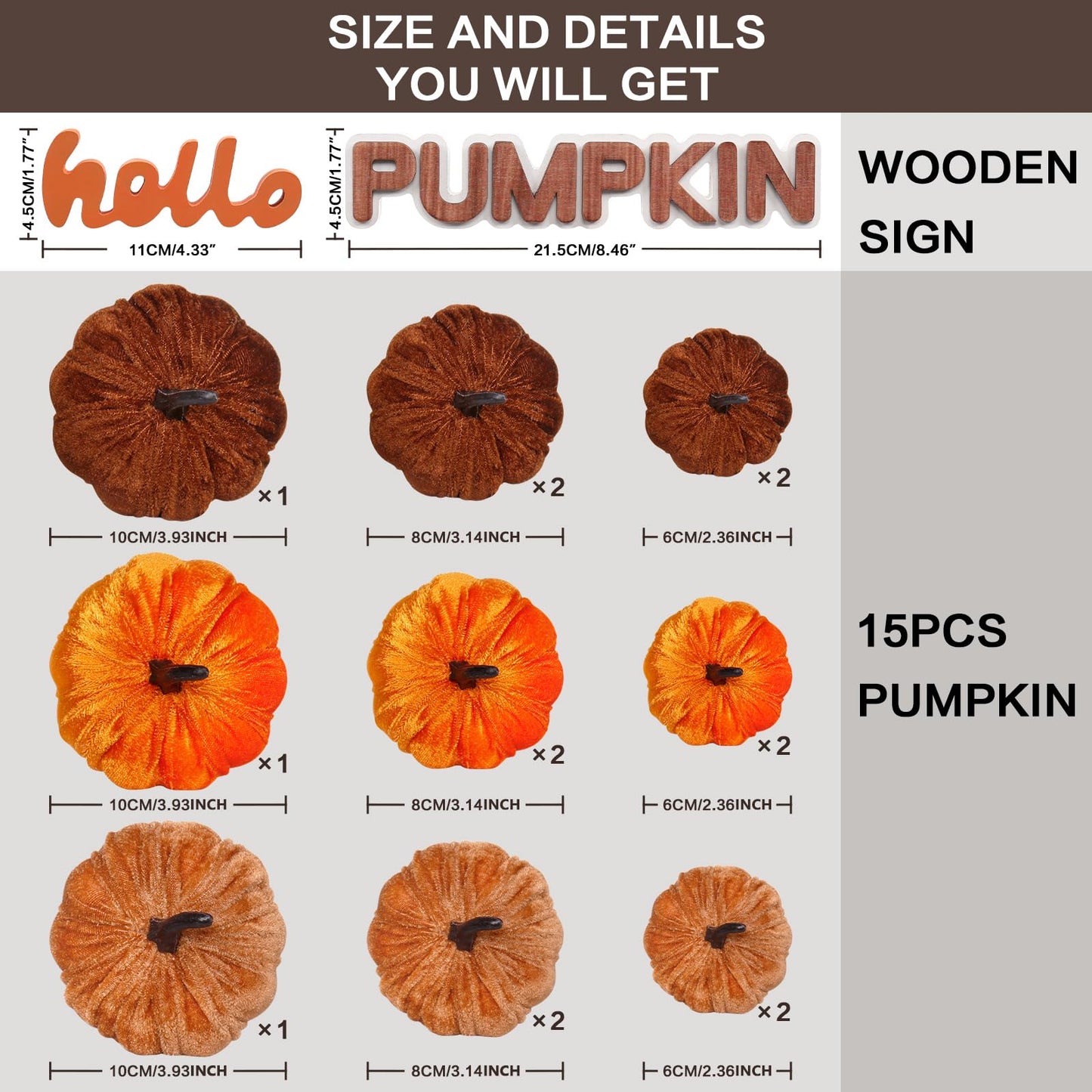 PurpleSwan 17 Pack Fall Artificial Velvet Pumpkins Decorations, Foam Faux Flocked Pumpkin Including Wooden Hello Pumpkins Sign, for Home Autumn Harvest Theme Party Halloween Thanksgiving Table Decor.