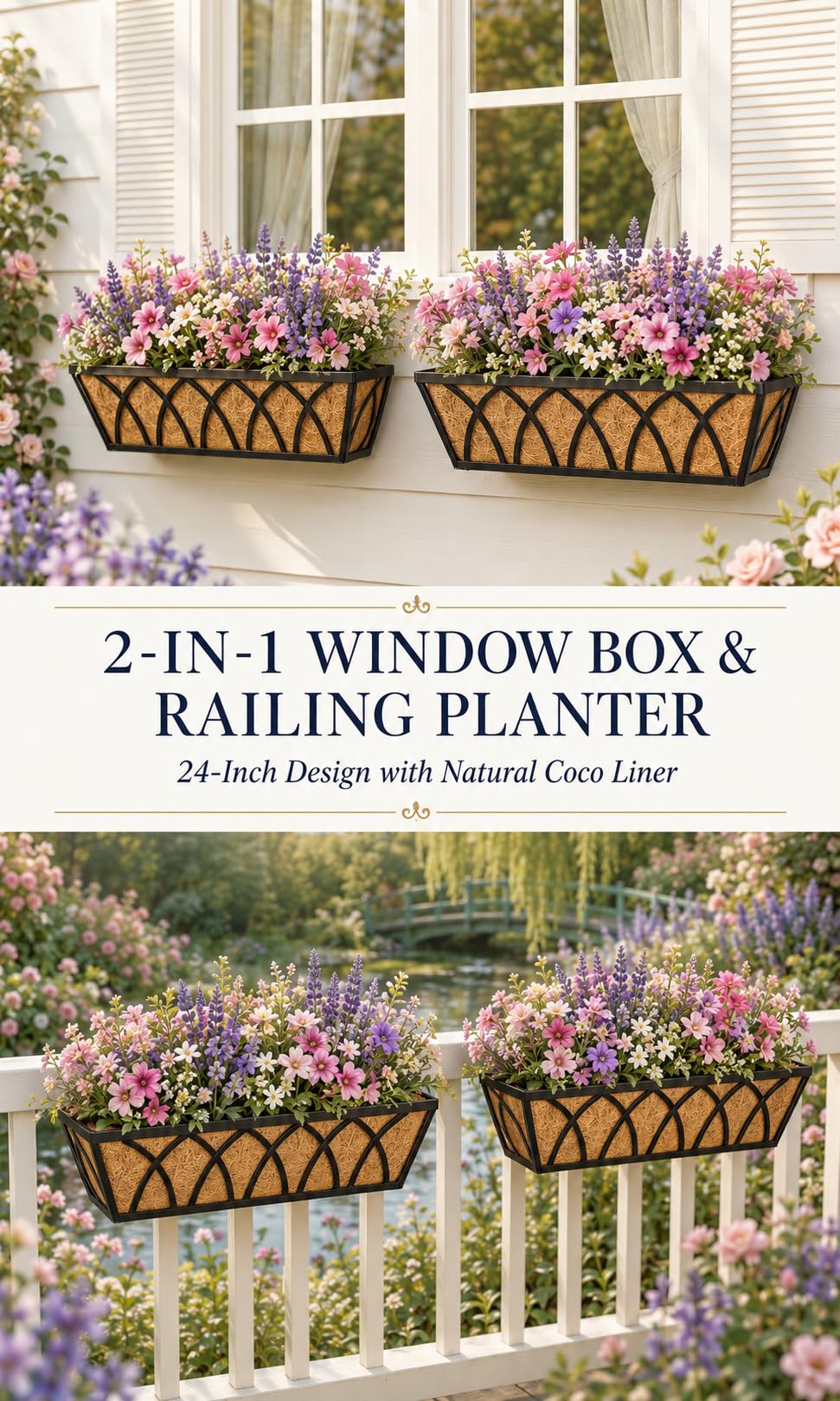 Railing Planter Boxes 24 Inch 2 Pack, Heavy Duty Adjustable Hanging Planters with Coco Liners, 2-in-1 Balcony Planters for Deck Porch Patio Garden