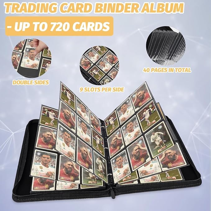 GERMUN 3 Ring 9 Pocket Zipper Card Binder, 720 Double Sided Standard PU Trading Card Album Folder for TCG & Sports Cards, Not Fit Top Loaders (Black)