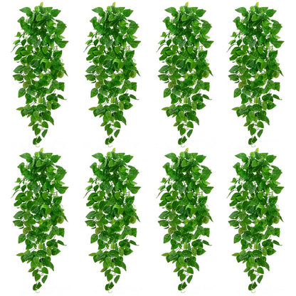 BLEUM CADE 8Pcs Fake Hanging Plants, 9 Branch Artificial Hanging Plant, Lush Faux Pothos Vines for Home Room Wall Shelf Porch Outdoor Indoor Decor (No Baskets)