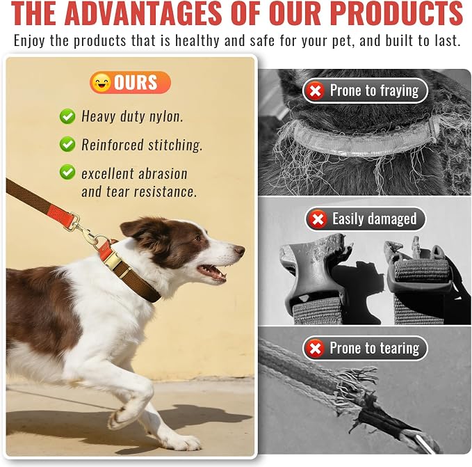 Dog Collar and Leash Set with Metal Quick Release Buckle, Adjustable, Breathable Nylon, Durable, Soft and Comfortable, No Pull for Walking and Training, Brown, L (14.9"-22.8")