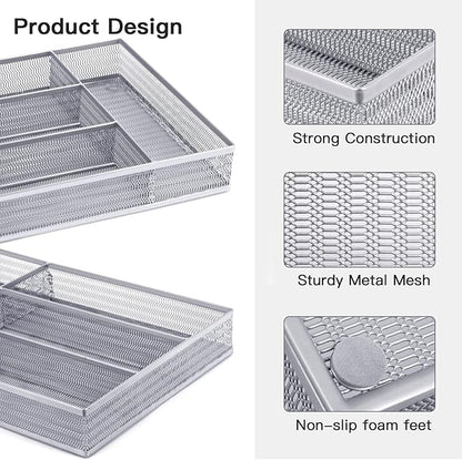 Neudeco Drawer Organizer Set, Silver, 5 Pack | 4-Compartment Silverware Tray, 4 Utensil Trays, Silver Mesh, Non-Slip, For Flatware, Cutlery, Office Supplies