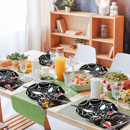 Andi Cppss Black Spider Birthday Party Supplies - 96PCS Black Spider Birthday Party Plates and Napkins Forks Disposable Tableware Birthday Parties Table Dinnerware Baby Shower Plates Serve 24 Guests