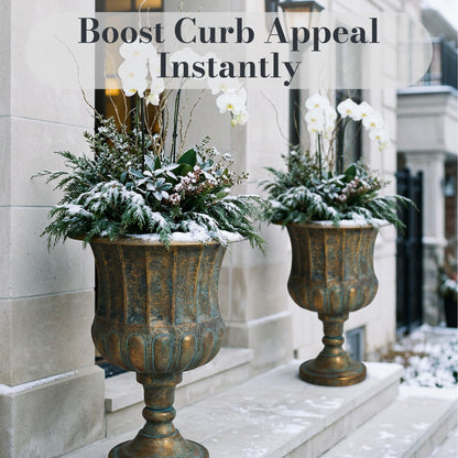 Worth Garden 24.5" H. Metal Urn Planters 2-Pack - Bronze Classic Antique Iron Plant Pots - Large Decorative Rustic Flower Pots for Outdoor Use - Traditional Urn Planter for Patio, Front Porch