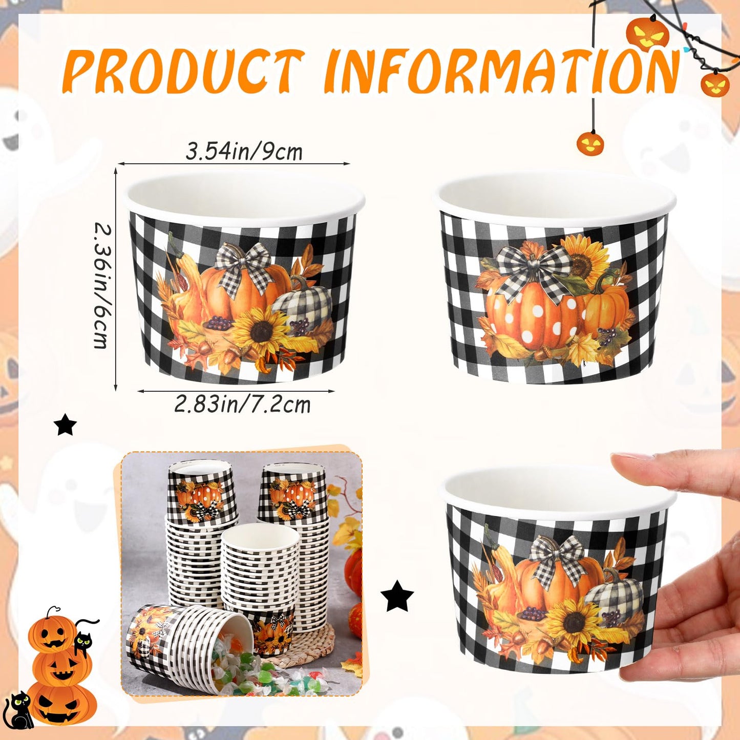 Sabary 60 Pieces 9 oz Fall Disposable Paper Bowls Thanksgiving Treat Snack Cups Pumpkin Paper Candy Dessert Bowls Buffalo Plaid Soup Cups Harvest Thanksgiving Party Supplies for Hot Cold Food