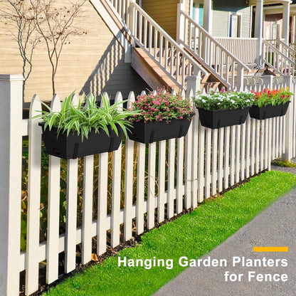 FANSXIVITA Balcony Planters Railing Hanging, Deck Railings Planter Boxes 16.9in, Railing Planter Box, Deck Planters for Railings, Railing Flower Box with Metal Brackets, Black (4Pcs)