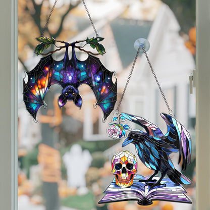 2 Halloween Decorations Bat Raven Acrylic Suncatchers, 6" Window Hanging Bat Gothic Decor, Spooky Raven Halloween Ornament Gifts, Idea Gifts Holiday Keepsake, Scary Home Indoor Outdoor Display SS344