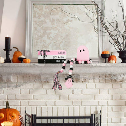 Pink Halloween Decorations 5PCS Table Centerpieces, Cute Girlie Tabletop Halloween Decor for Tiered Tray Shelf Mantel Fire Place Office Desk Rustic Farmhouse Wood Faux Book Stack and Ghosts Sign