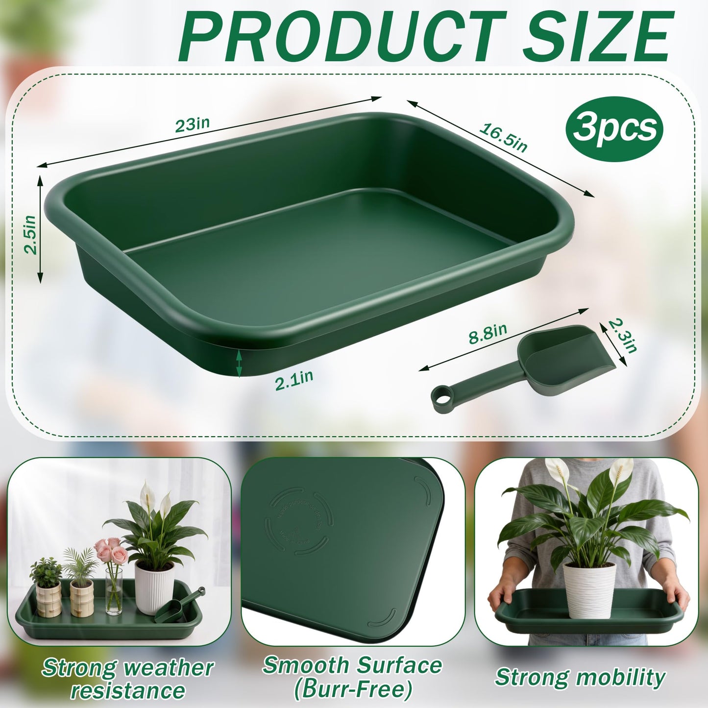 3 Set Garden Potting Tray with Scoops, Large Tidy Tray for Repotting, Seeding & Soil Mixing, All-in-One Durable Gardening Tidy Tray for Indoor Plants, Succulents, Cactus – 23x13.6x4.5 Inch, Green