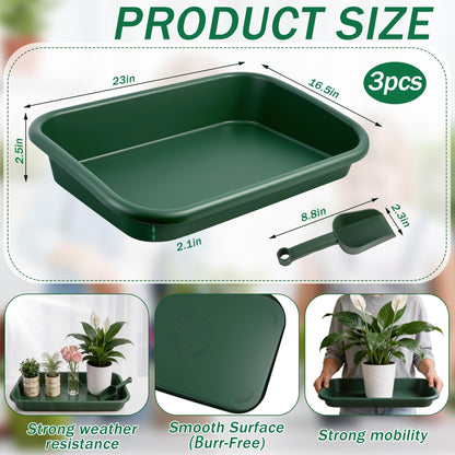 3 Set Garden Potting Tray with Scoops, Large Tidy Tray for Repotting, Seeding & Soil Mixing, All-in-One Durable Gardening Tidy Tray for Indoor Plants, Succulents, Cactus – 23x13.6x4.5 Inch, Green