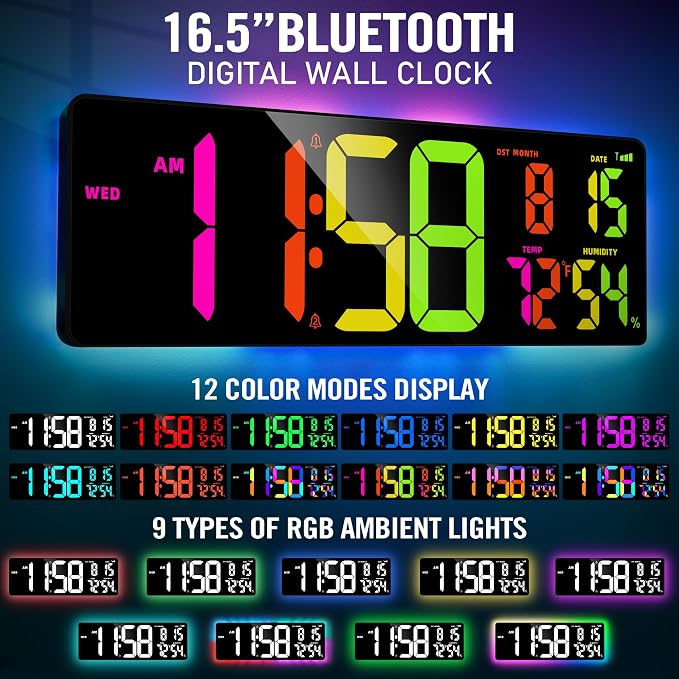 TXL 17.2'' Bluetooth Large Digital Wall Clock, LED Large Display Timer with RGB Ambient Lights,Temperature/Humidity, Remote Control, Adjustable Brightness for Home, Office, Classroom