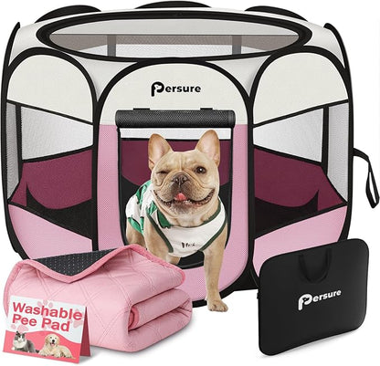 Dog Cat Playpen Indoor Outdoor for Puppy Pet Dogs Cat Recovery After Surgery, Dog Tent Crates Cage Indoor/Outdoor, Portable Pop Up Kennel with Carrying Case for Travel (Pink with Pad, Large)