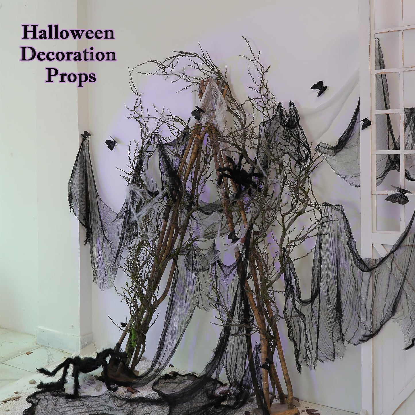 74.8inch Long Malleable Black Halloween Tree Weeping Branches Twigs Greenery Garland Hanging Moss Faux Ghost Grape Vine for Haunted Forest Outdoor Mantel Fireplace Porch Arch Stairway Yules Decor (1)