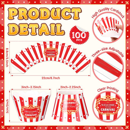 Epakh 100 Pcs Carnival Cupcake Wrappers Red White Striped Baking Cups Wrapper Circus Supplies Popcorn Decorations for Movie Night Carnival Party Birthday Circus Theme Decoration Popcorn Party Favors