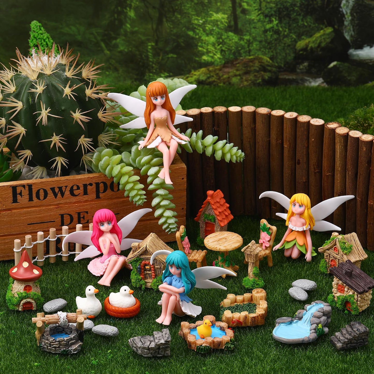 GGSTDDUP 35 Pcs Fairy Garden Accessories Miniatures Garden Kit with Resin Fairies, Duck, Mushroom House & Bridge Miniature Accessories for Terrarium, Dollhouse & Outdoor Decor