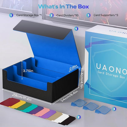 UAONO Trading Card Storage Box, Holds 1800 Sleeved Cards with 10 Dividers & 3 Stoppers, Magnetic Closure PU Leather Card Case for MTG, PTCG, YGO, Sports Cards (Black&Blue)