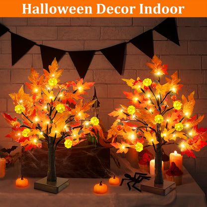 TURNMEON Fall Decor 2 Pack 18 Inch Prelit Fall Maple Tree Fall Decorations for Home with 48 LEDs Timer Battery Operated Pumpkin Lights Lighted Thanksgiving Halloween Decor Table Mantle Indoor Outdoor