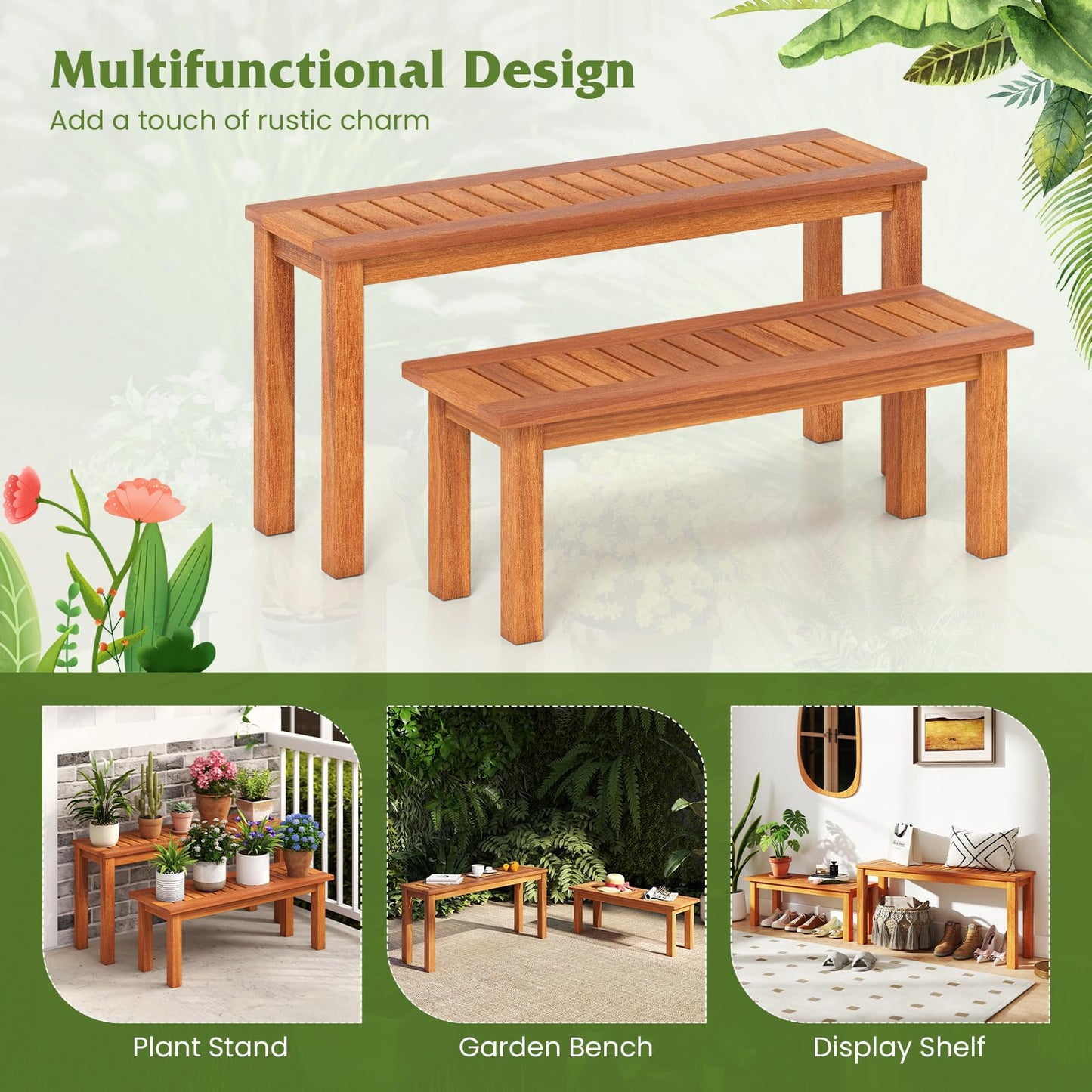 HOMGX Wooden Plant Stand Set of 2, Multifunctional Outdoor Backless Garden Bench with Slatted Seat, Easy Assembly, Rustic Flower Display Shelf for Yard, Entryway, Max Load 330 lbs, Natural