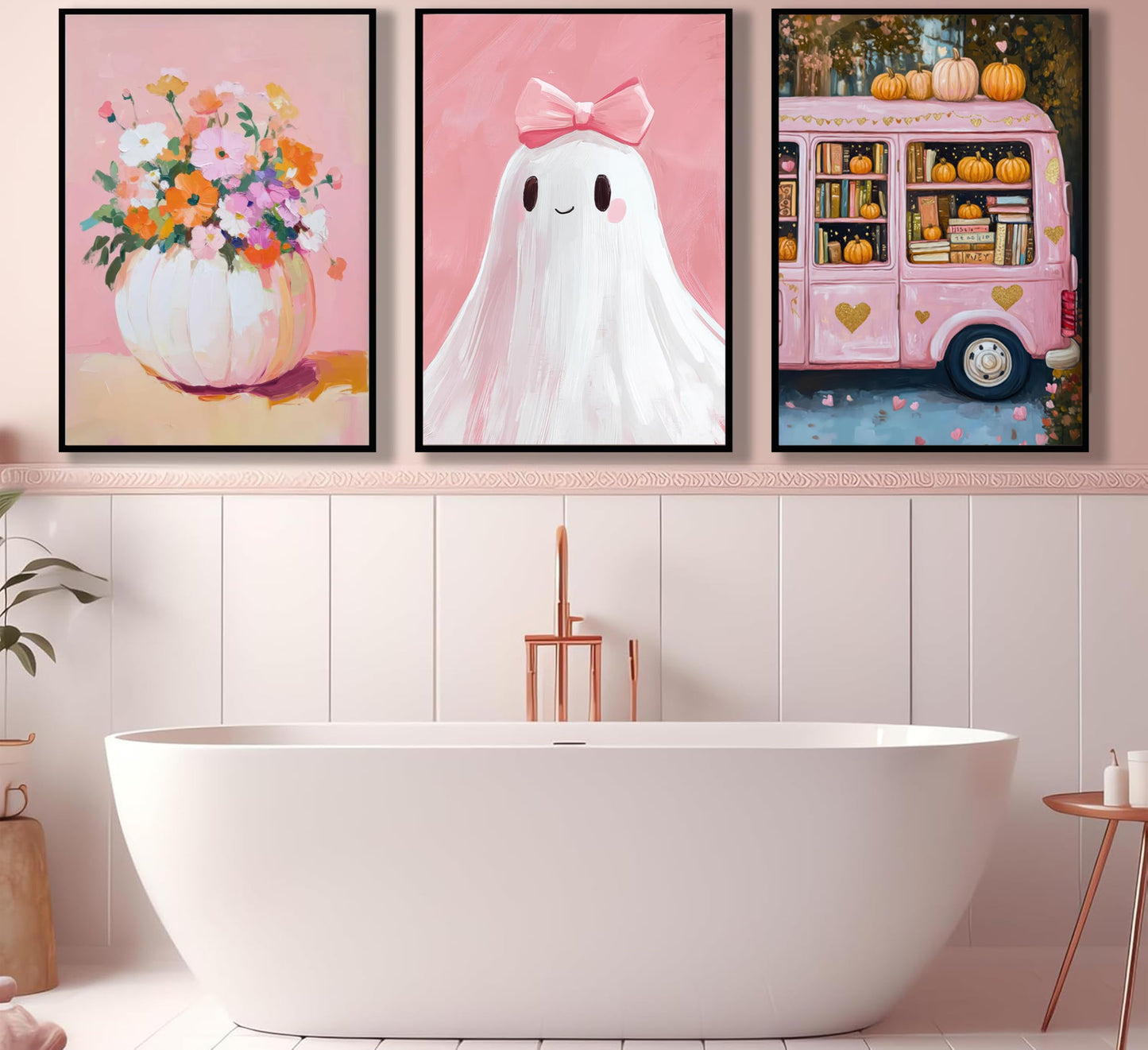 3Pcs Pink Halloween Wall Art Cute Bow Ghost Poster Prints Fall Harvest Pumpkin Flower Canvas Picture for Halloween Girls Room Dorm Nursery Playroom Wall Decor 16X24in Unframed