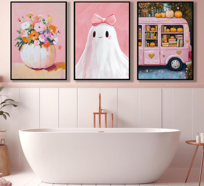 3Pcs Pink Halloween Wall Art Cute Bow Ghost Poster Prints Fall Harvest Pumpkin Flower Canvas Picture for Halloween Girls Room Dorm Nursery Playroom Wall Decor 16X24in Unframed