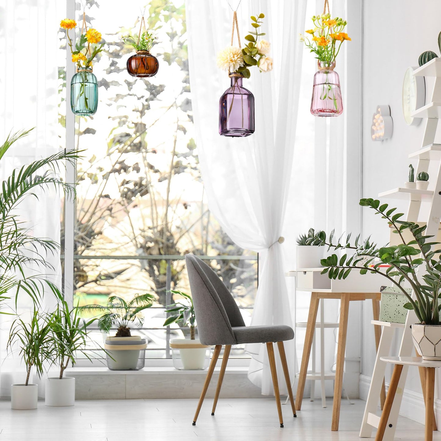 Wonderjune 4 Pcs Stained Glass Hanging Vases Hanging Glass Planters Small Plant Terrarium Pot Containers with Rope for Garden Home Indoor Outdoor Decor, 4 Styles (Fashionable)