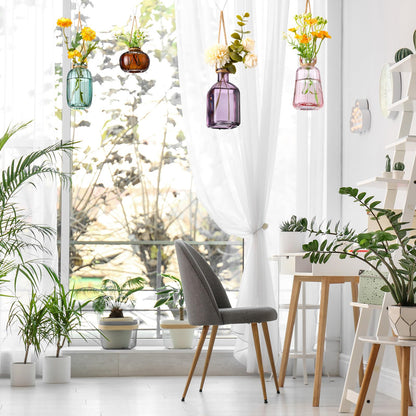 Wonderjune 4 Pcs Stained Glass Hanging Vases Hanging Glass Planters Small Plant Terrarium Pot Containers with Rope for Garden Home Indoor Outdoor Decor, 4 Styles (Fashionable)